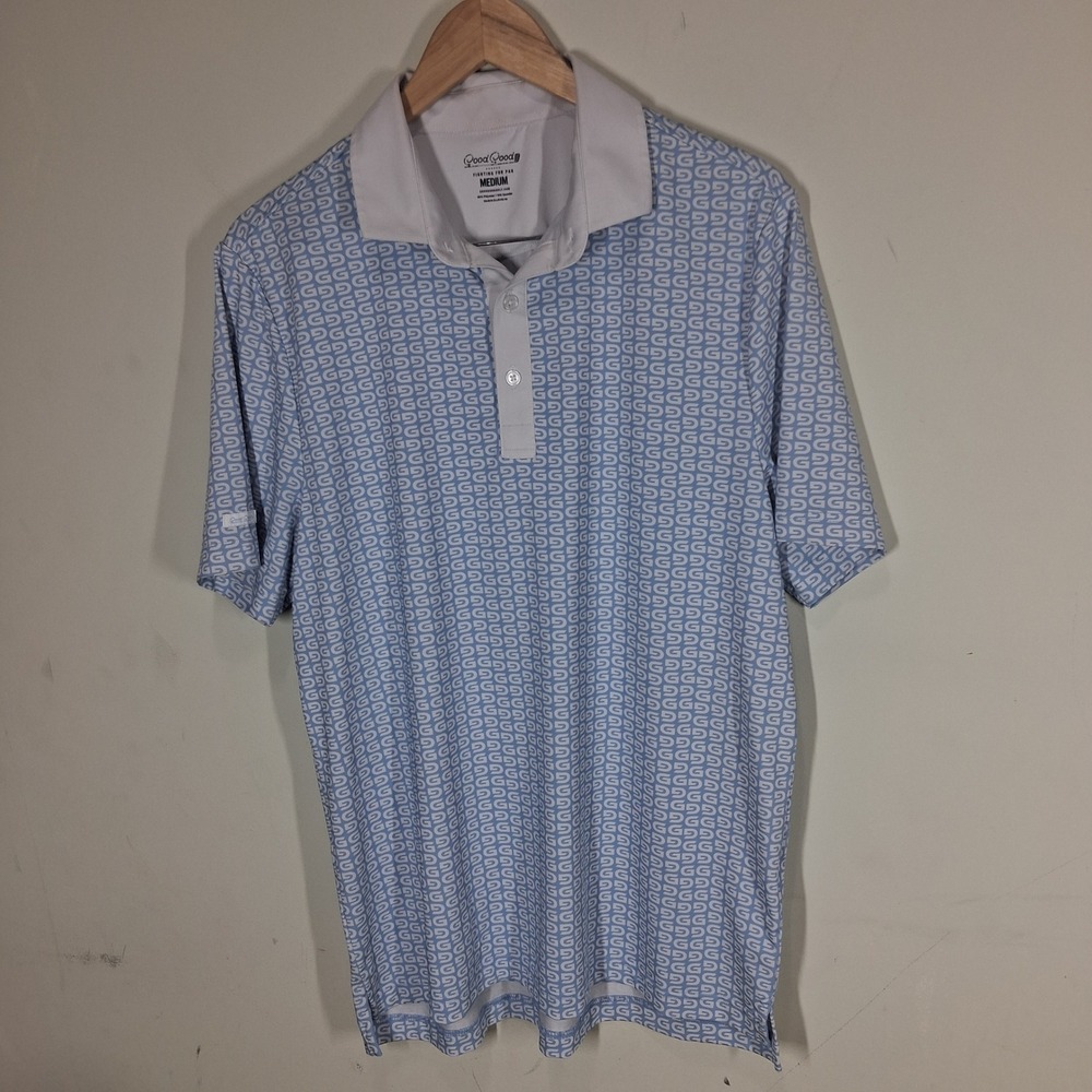 Good Good Golf Mens M Monogram Performance Polo Shirt Blue White GG Logo READ